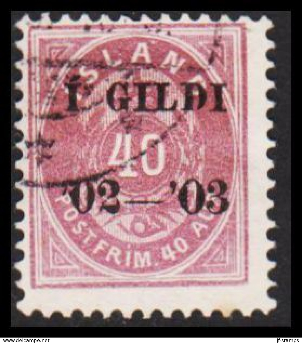 1902. I GILDI. 40 Aur Lilac. Perf. 12 3/4. Black Overprint.  (Michel 32B) - JF543277 - Oblitérés