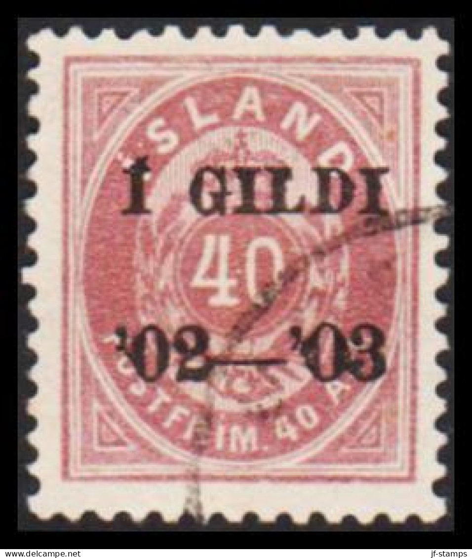 1902. I GILDI. 40 Aur Lilac. Perf. 12 3/4. Black Overprint.  (Michel 32B) - JF543278 - Gebraucht