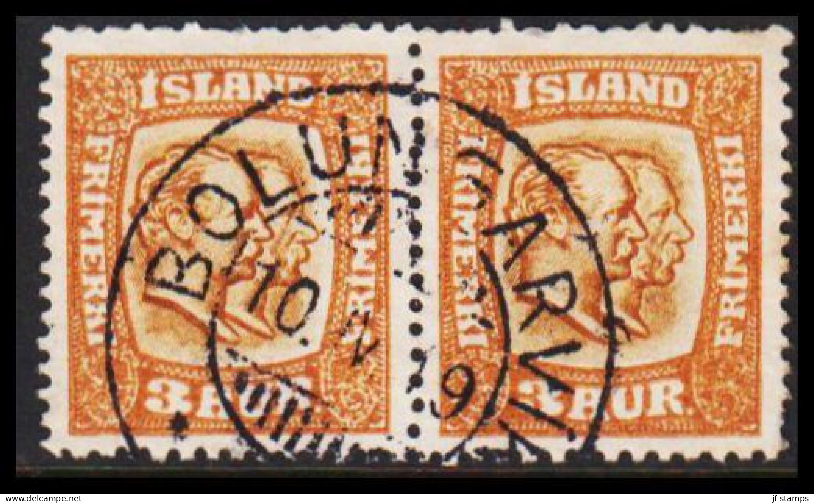 84 On 1915. Two Kings. 3 Aur Brown/yellow. Tk. 14x14½, Wm. Cross. Pair With Beautiful Cancel B... (Michel 77) - JF543279 - Gebruikt