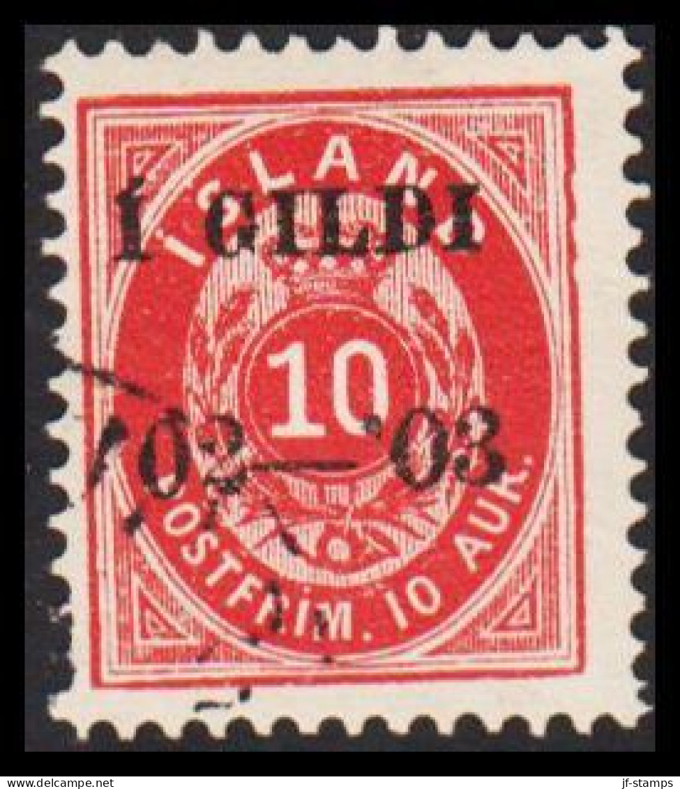 1902. I GILDI. 10 Aur Red. Perf. 12 3/4. Black Overprint. Variety At Right Frame.  (Michel 28B) - JF543282 - Used Stamps