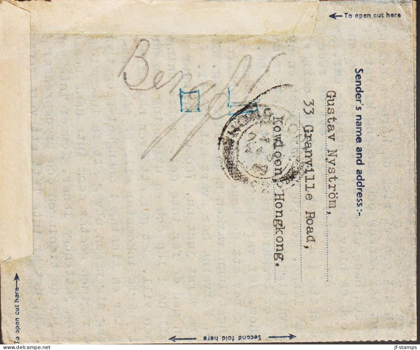 1949. HONG KONG. AIR LETTER Georg VI FORTY CENTS To Malmslätt, Sweden Via London Cancelled KOWLOON HONG KO... - JF543285 - Interi Postali