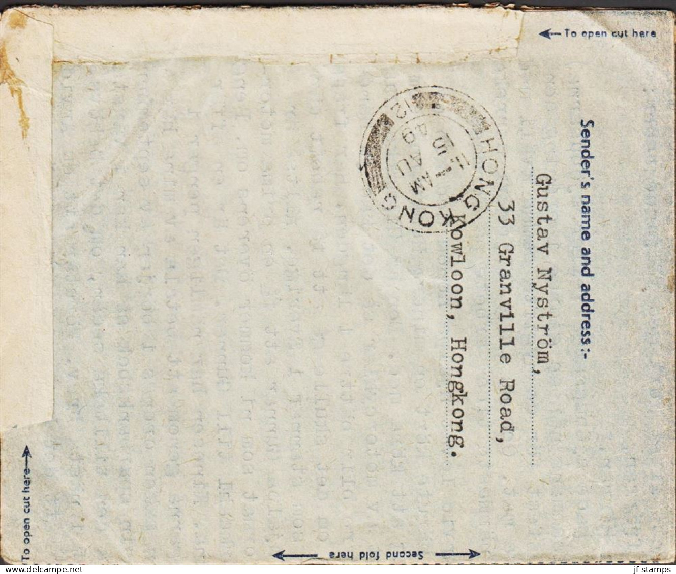 1949. HONG KONG. AIR LETTER Georg VI FORTY CENTS To Malmslätt, Sweden Via London Cancelled KOWLOON HONG KO... - JF543286 - Postal Stationery