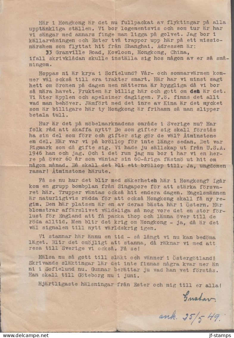 1949. HONG KONG. AIR LETTER  PAIR 20 CENTS Georg VI To Malmslätt, Sweden Via London Cancelled... (Michel 147) - JF543287 - Lettres & Documents