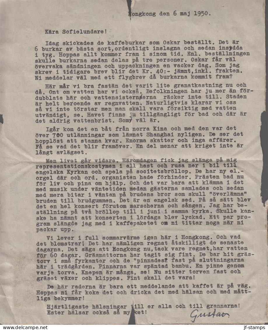 1950. HONG KONG. AIR LETTER  PAIR 20 CENTS Georg VI To Malmslätt, Sweden Via London Cancelled... (Michel 147) - JF543288 - Oblitérés