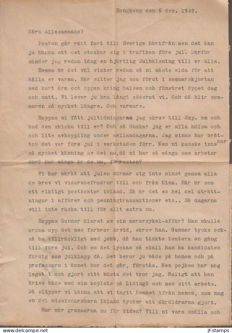 1949. HONG KONG. AIR LETTER  PAIR 20 CENTS UPU To Malmslätt, Sweden Via London Cancelled HONG... (Michel 174) - JF543289 - Briefe U. Dokumente