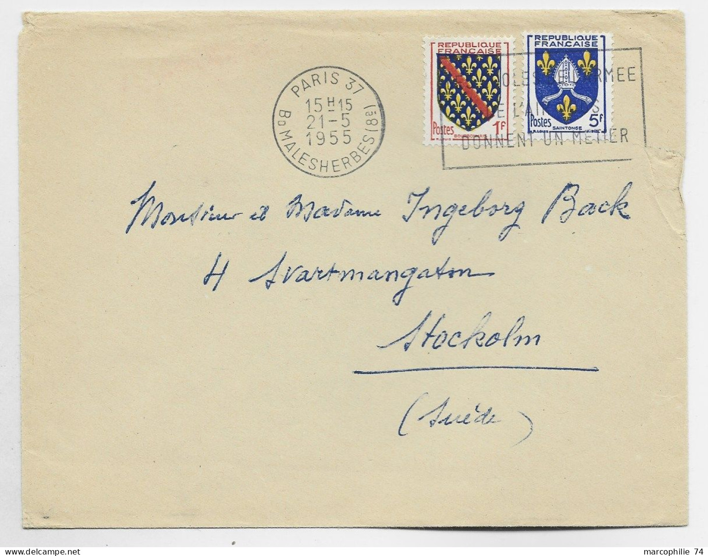 FRANCE BLASON 5F+ 1FR BOURGOGNE LETTRE MEC PARIS 37 .21.5.1955 POUR SUEDE TARIF IMPRIME - 1941-66 Wappen