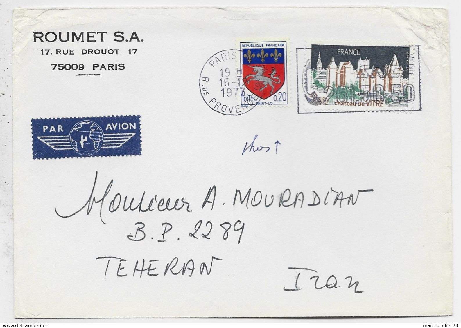 BLASON 20C SAINT LO PHOS + 2FR40 LETTRE COVER AVION MEC PARIS 16.12.1977 POUR TEHERAN IRAN - 1941-66 Armoiries Et Blasons