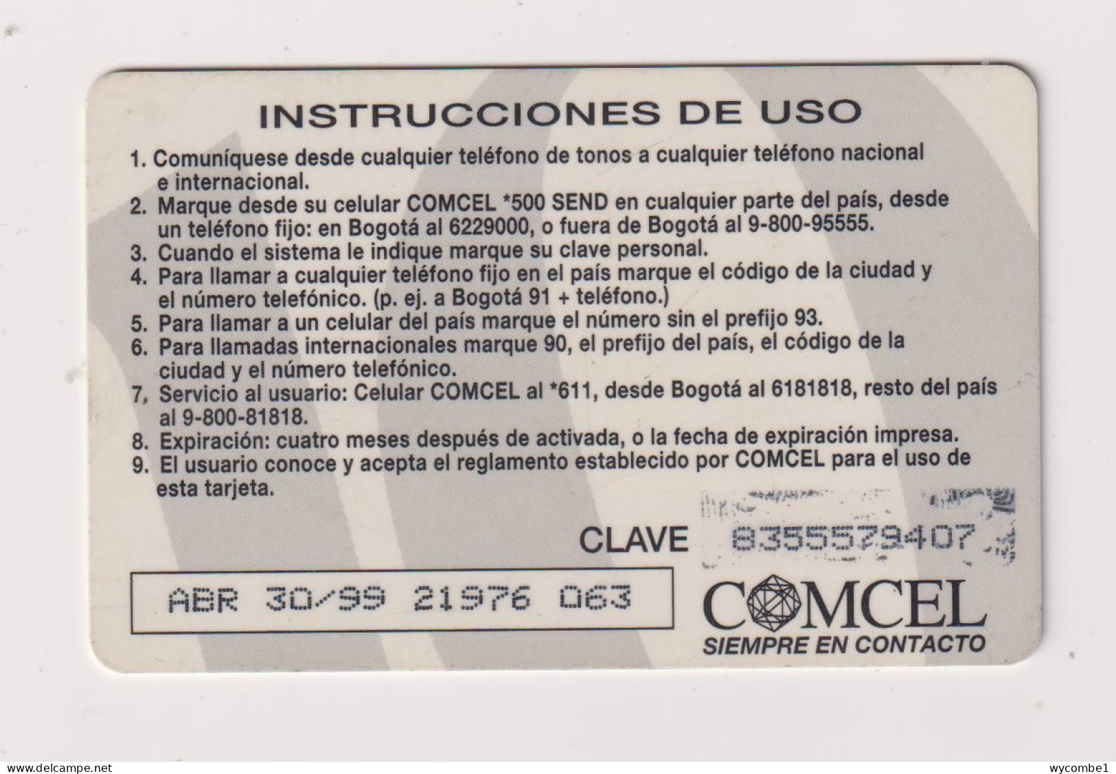 COLOMBIA -  Comcel Amigo Remote  Phonecard - Colombie