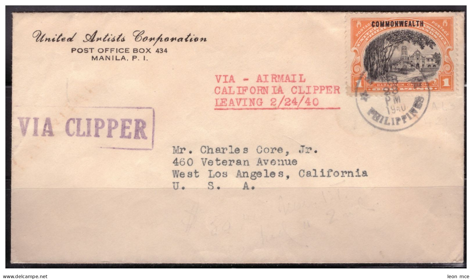 1940 PHILIPPINIES ENVELOPE SHIPPED VIA CLIPPER, FROM MANILA TO LOS ANGELES, CALIFORNIA USA - Philippines