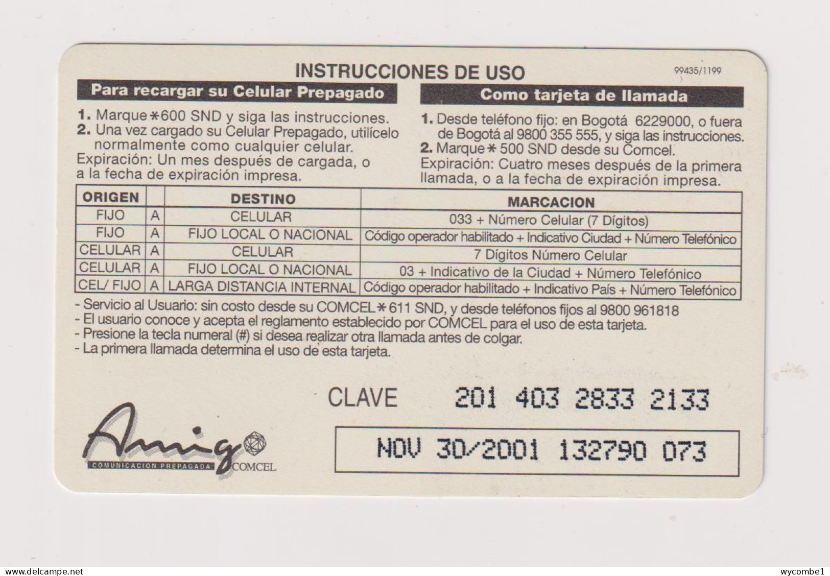 COLOMBIA -  Comcel Amigo Fab Remote  Phonecard - Colombia