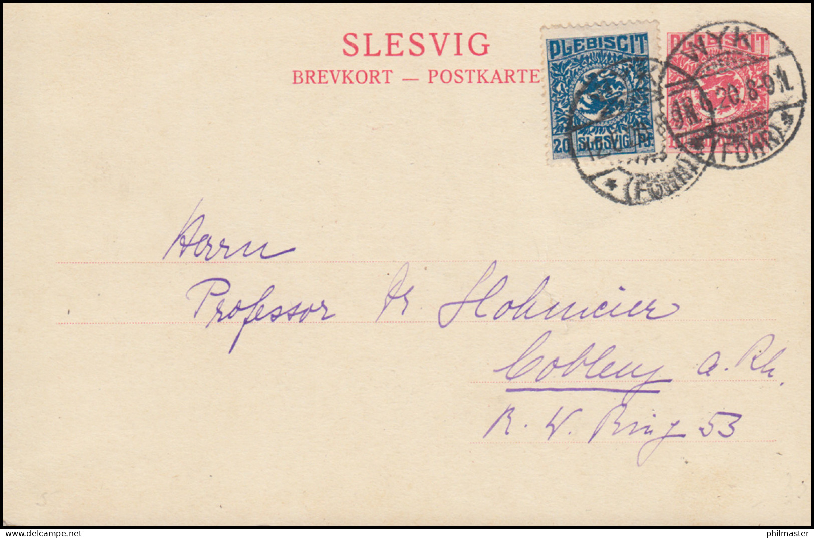 Schleswig Postkarte P 2 SLESVIG 10 Pf. Mit 6 Von WYK (FÖHR) 12.6.1920 N. Coblenz - Schleswig