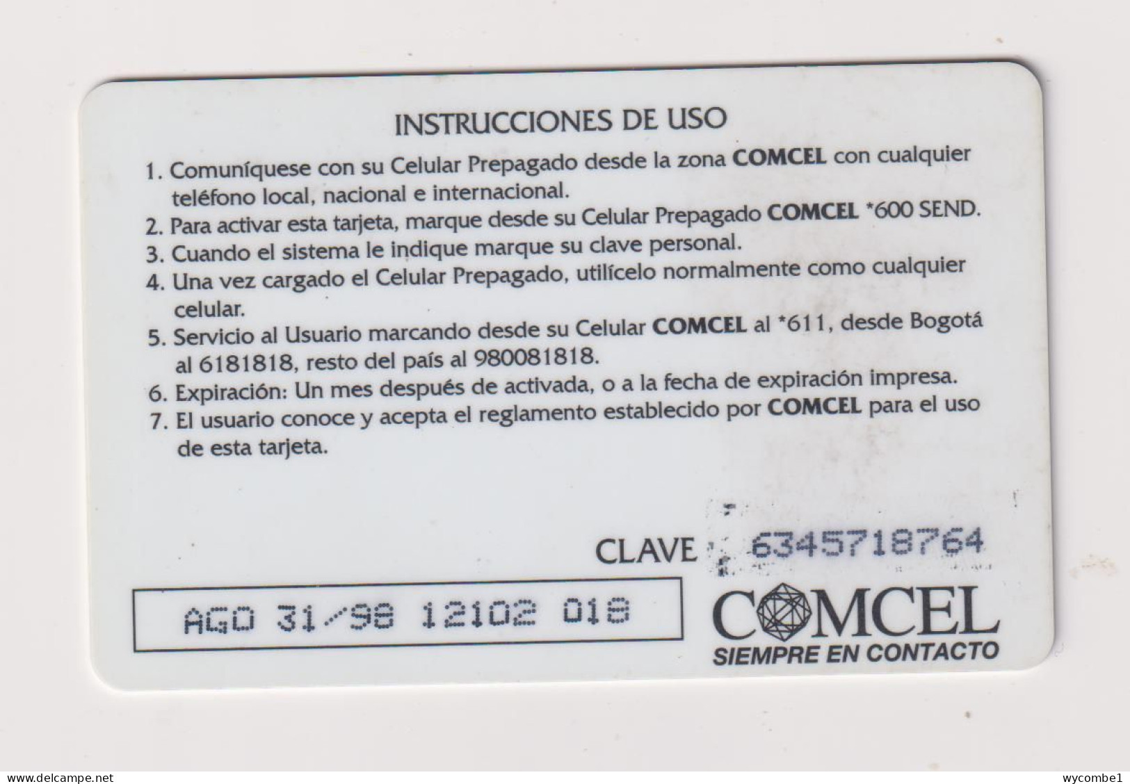 COLOMBIA -  Comcel Amigo Clave Remote  Phonecard - Colombie