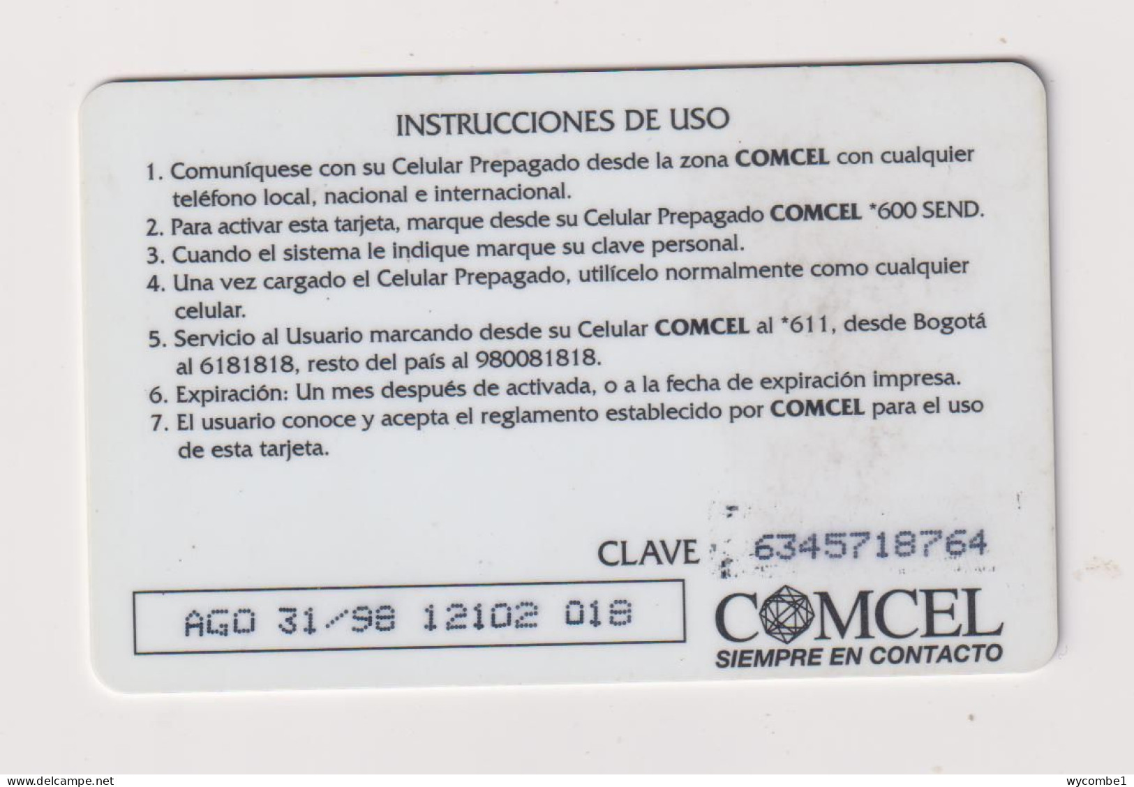 COLOMBIA -  Comcel Amigo Clave Remote  Phonecard - Colombia