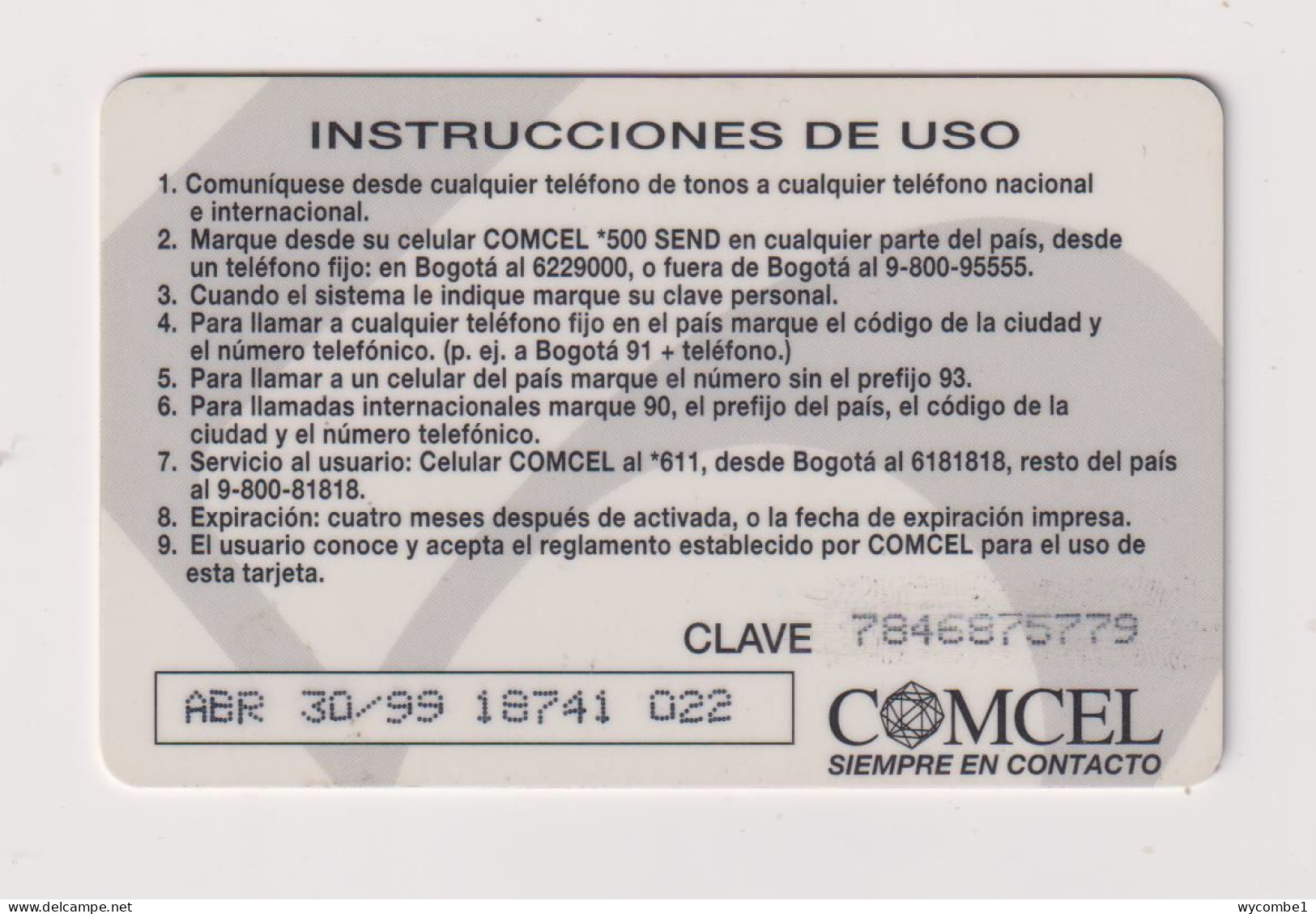 COLOMBIA -  Comcel Amigo  Remote  Phonecard - Colombie