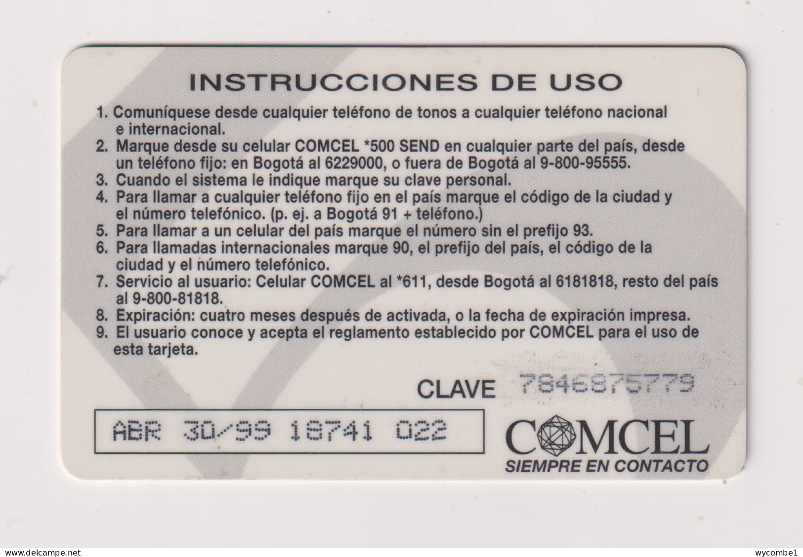 COLOMBIA -  Comcel Amigo  Remote  Phonecard - Colombia