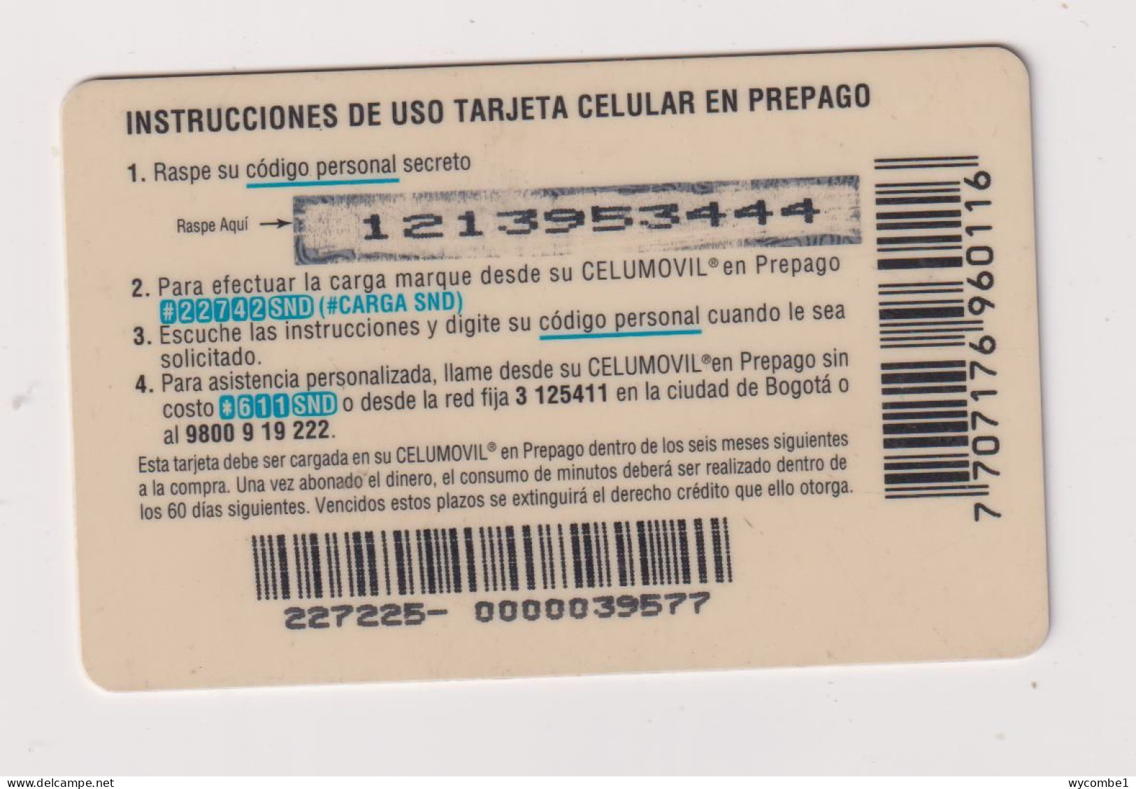 COLOMBIA -  Celumovil  Remote  Phonecard - Colombie