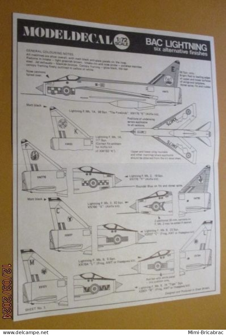 DEC24 : Planche Décals MODELDECAL 1/72e : 6 DECOS POUR BAC EE LIGHTNING RAF Neuf Et Complet - Airplanes