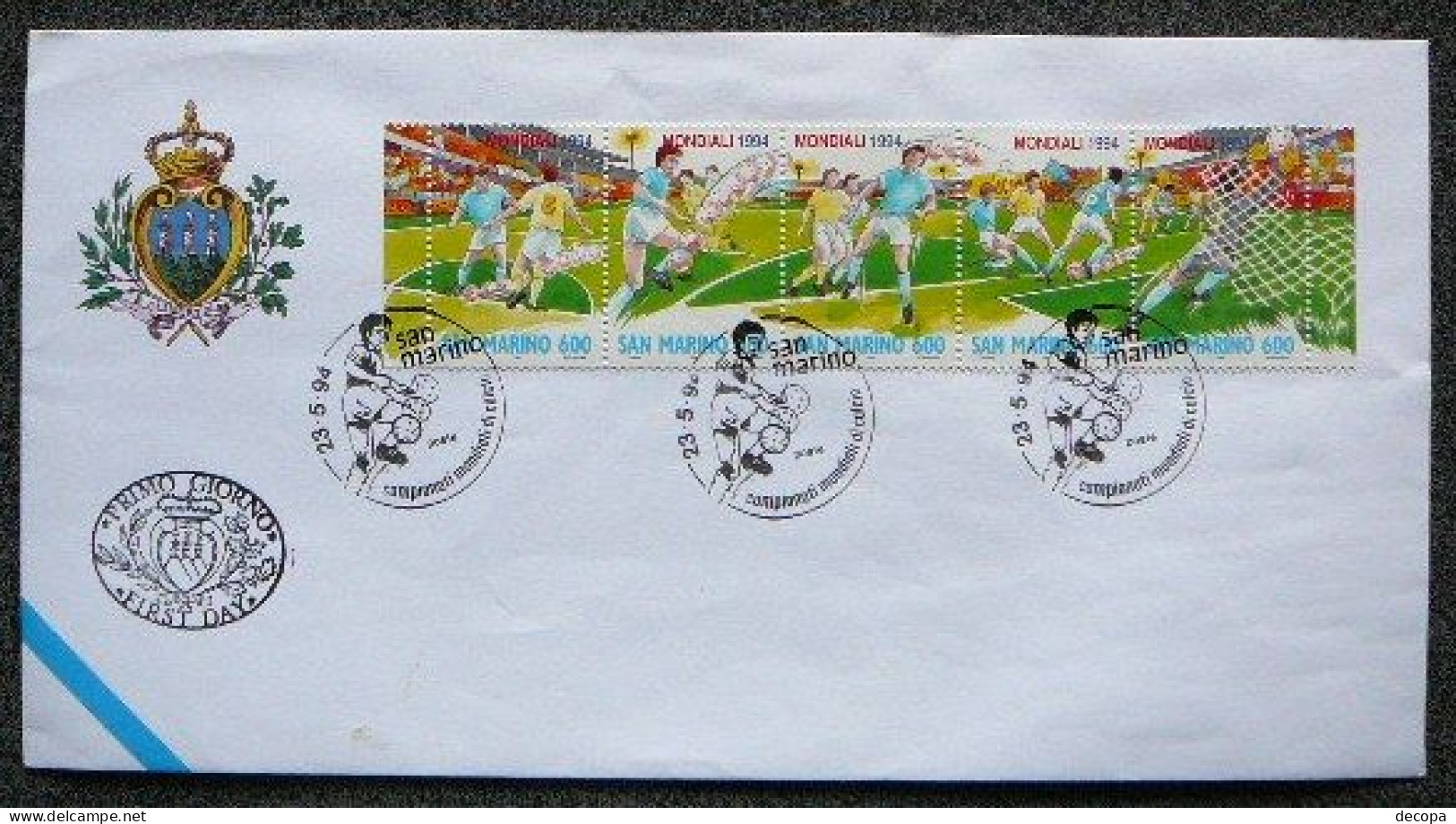 (dcbv-1682)  San Marino  FDC    Mi 1577-81 Strip     Yv 1370-74 Strip - 1994 – Estados Unidos