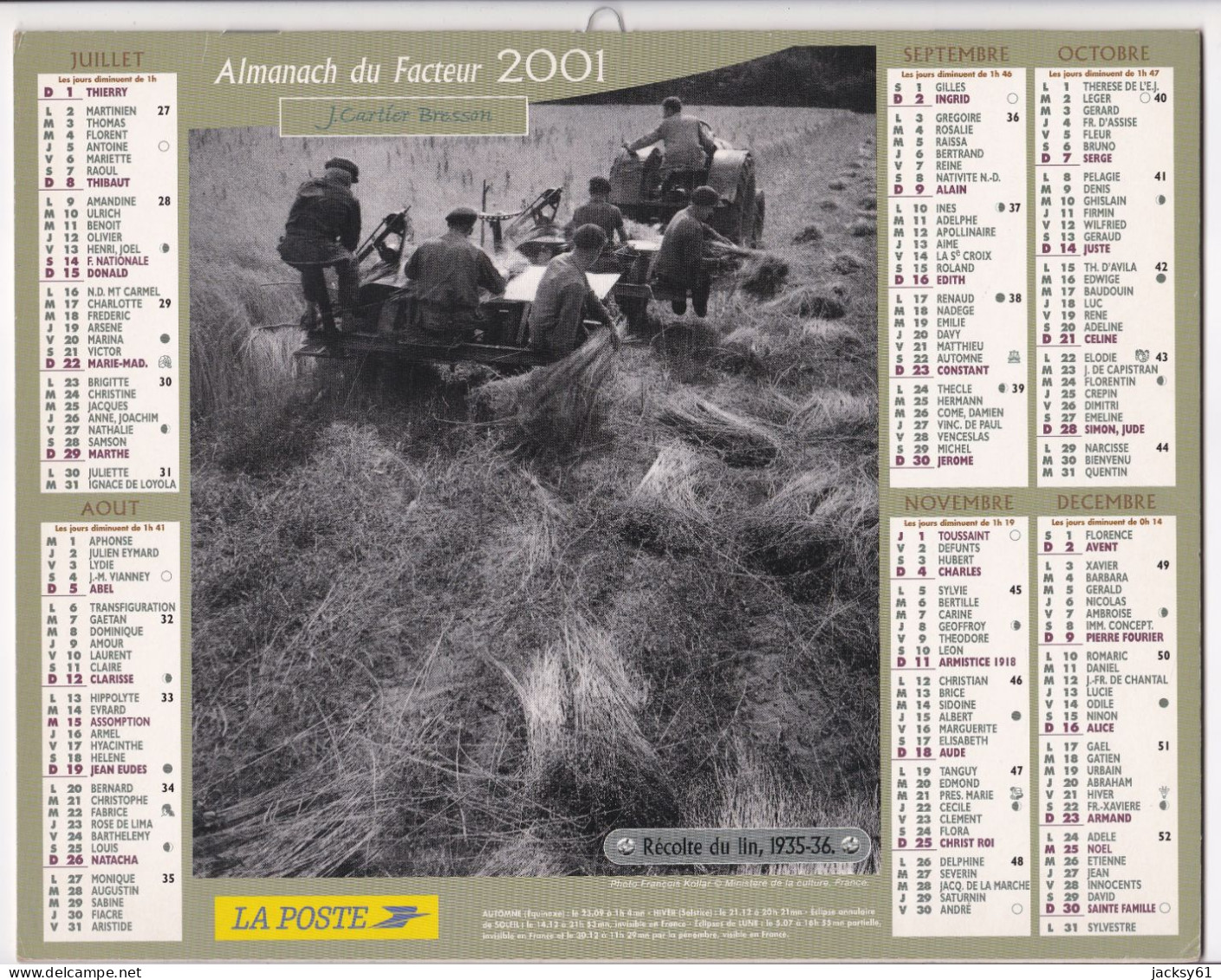 Almanach Du Facteur  2001 - Moison, Vers 1935 - Récolte Du Lin , 1935 - 36 - Big : 2001-...