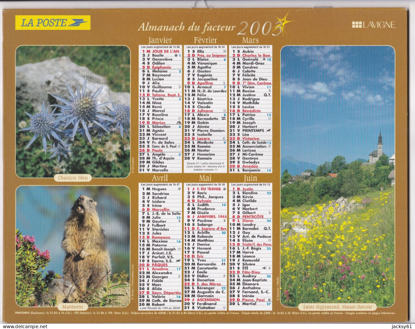 Almanach Du Facteur  2003 - Saint Sigismond - Sixt Fer A Cheval - Big : 2001-...