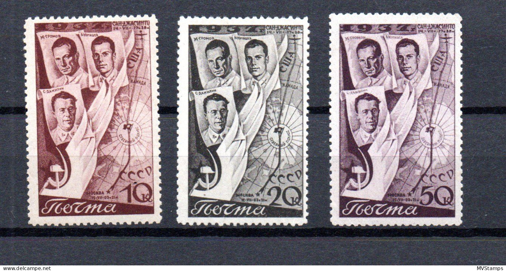 Russia 1938 Old Set Polar-Flight Moscow-San Jacinto Stamps (Michel 599/601) MLH - Neufs