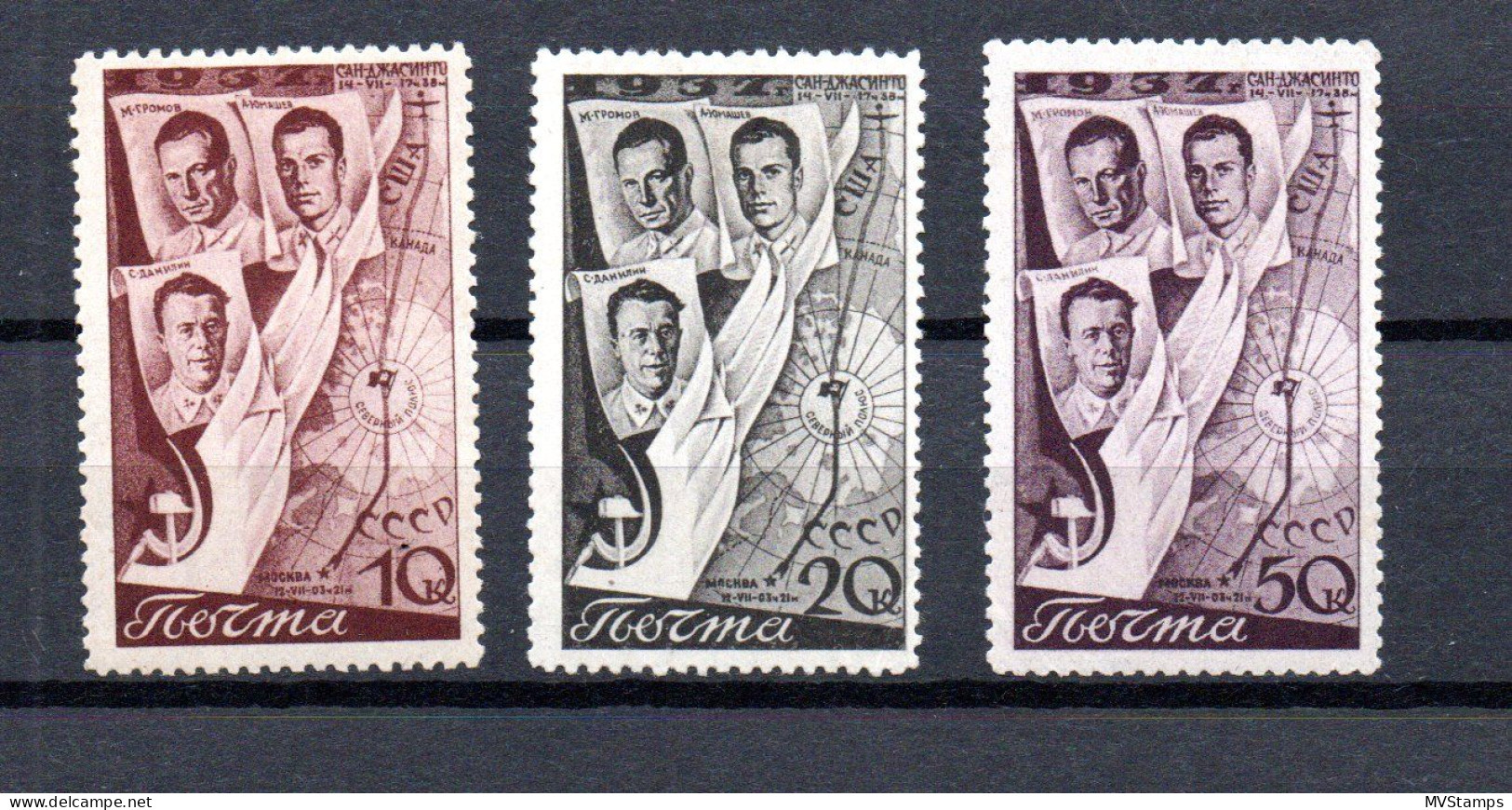 Russia 1938 Old Set Polar-Flight Moscow-San Jacinto Stamps (Michel 599/601) MLH - Ungebraucht