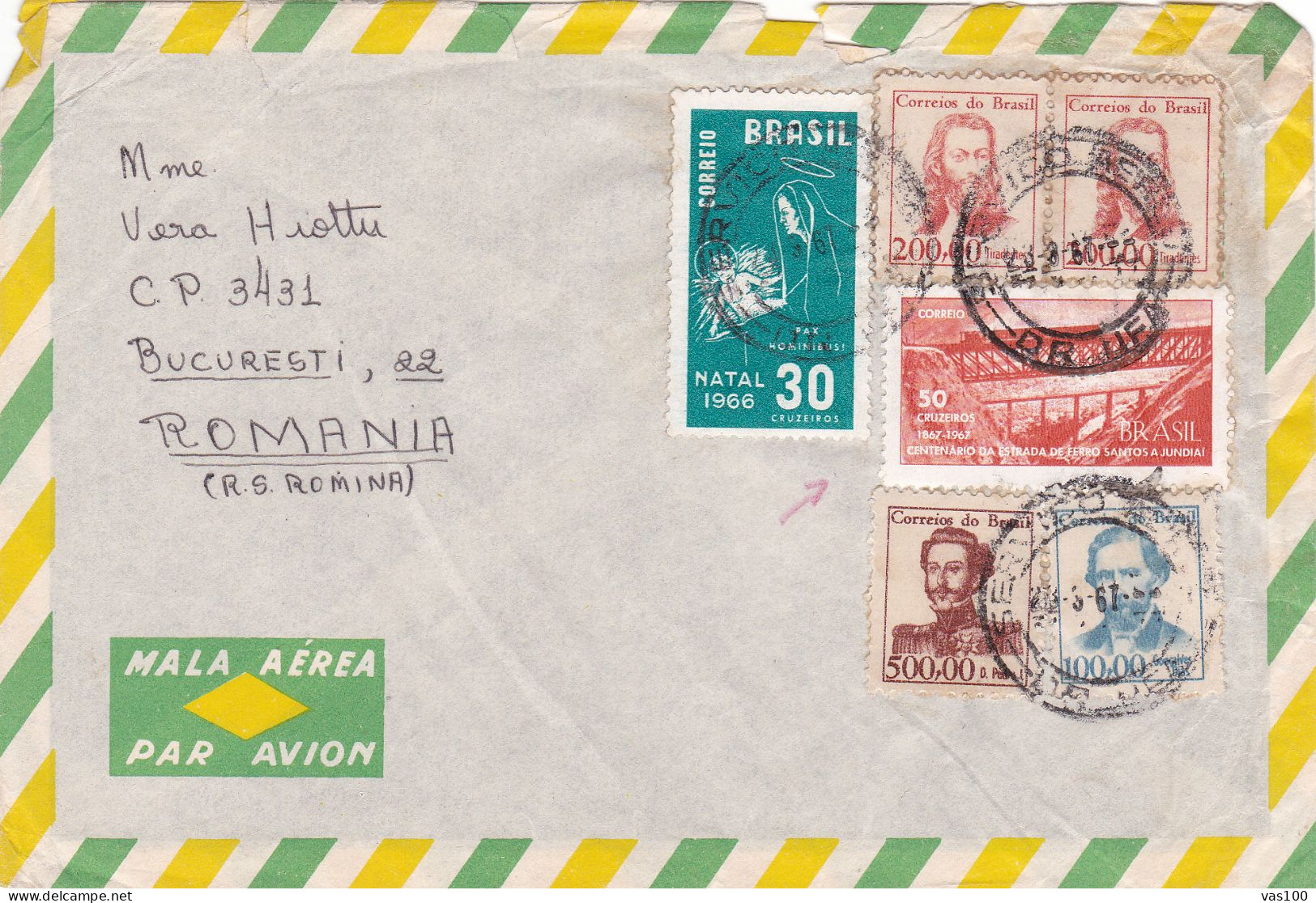 NICE FRANKING, POSTAL AEREO COVERS 1967,BRAZIL - Brieven En Documenten