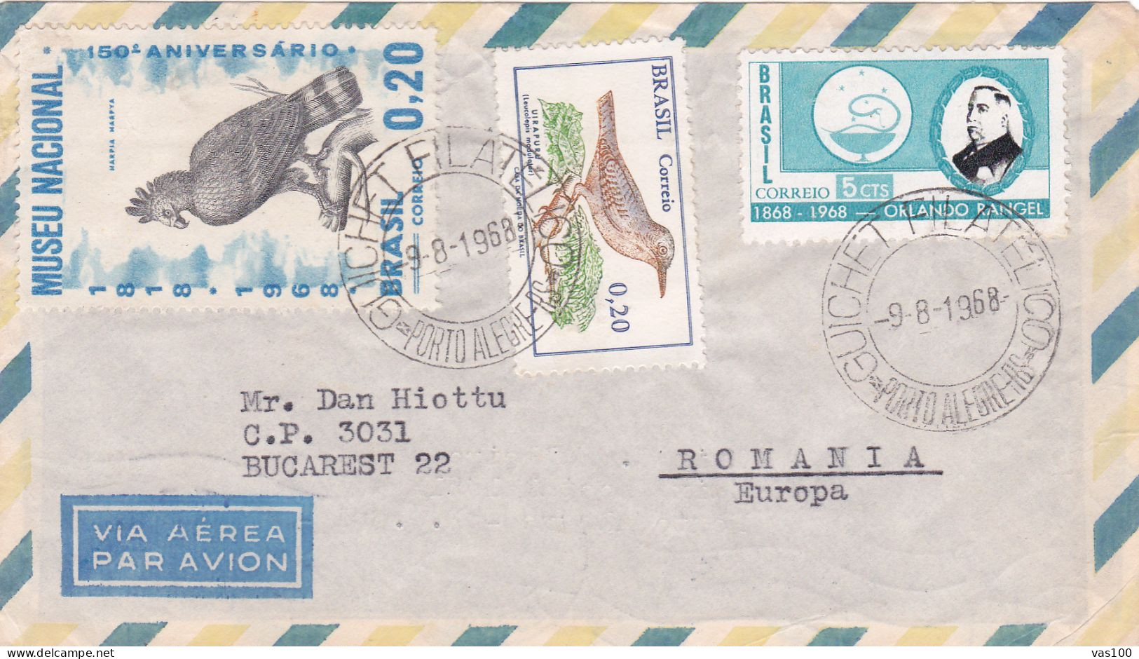 BIRDS STAMPS ON COVERS, POSTAL AEREO COVERS 1968,BRAZIL - Storia Postale