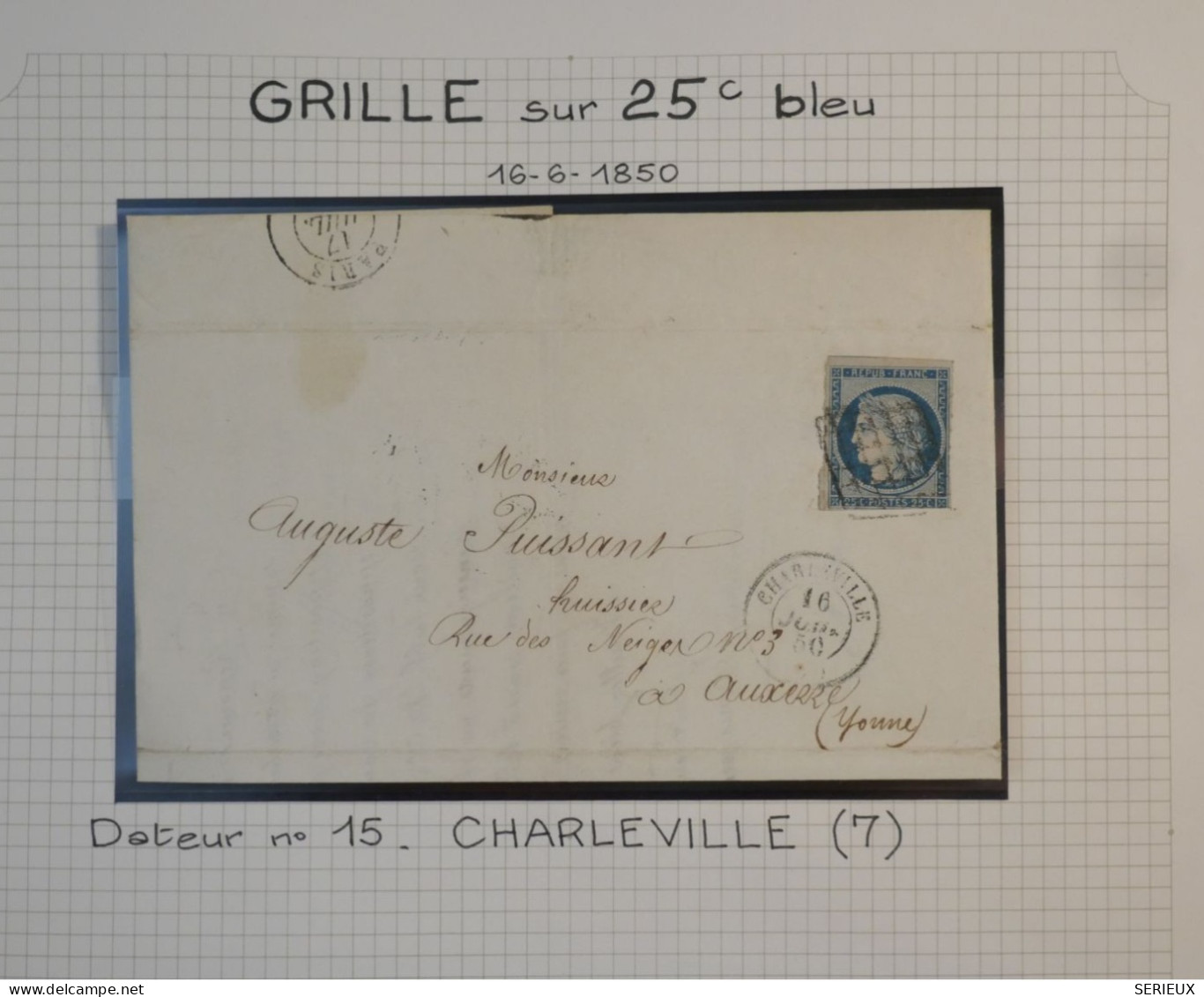 DK3 FRANCE BELLE  LETTRE   16.6.1850  CHARLEVILLE A AUXERRE  +CERES  N°4+ OB. GRILLE +DISPERSION DE COLLECTION+ - 1849-1876: Klassieke Periode