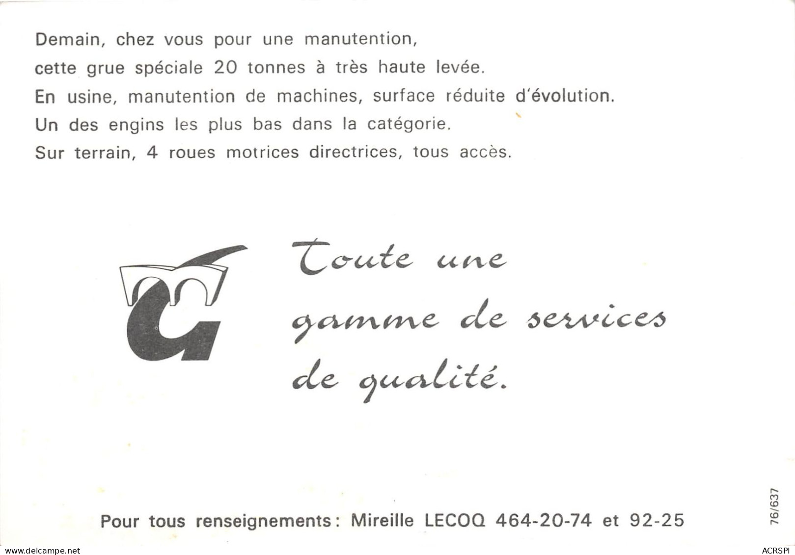 Michel GORAND Industrie Nanterre PARIS  Demenagement GRUE 20 Tonnes 4 Roues Directrices 3 (scan Recto-verso) Ref 1001 - Camion, Tir