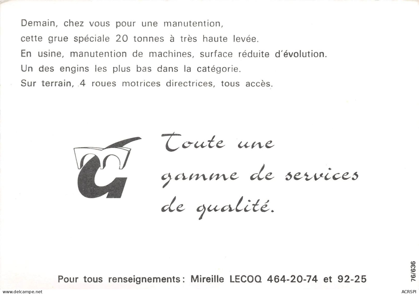 Michel GORAND Industrie Nanterre PARIS PONTOISE Demenagement GRUE 20 Tonnes (scan Recto-verso) Ref 1001 - Camions & Poids Lourds