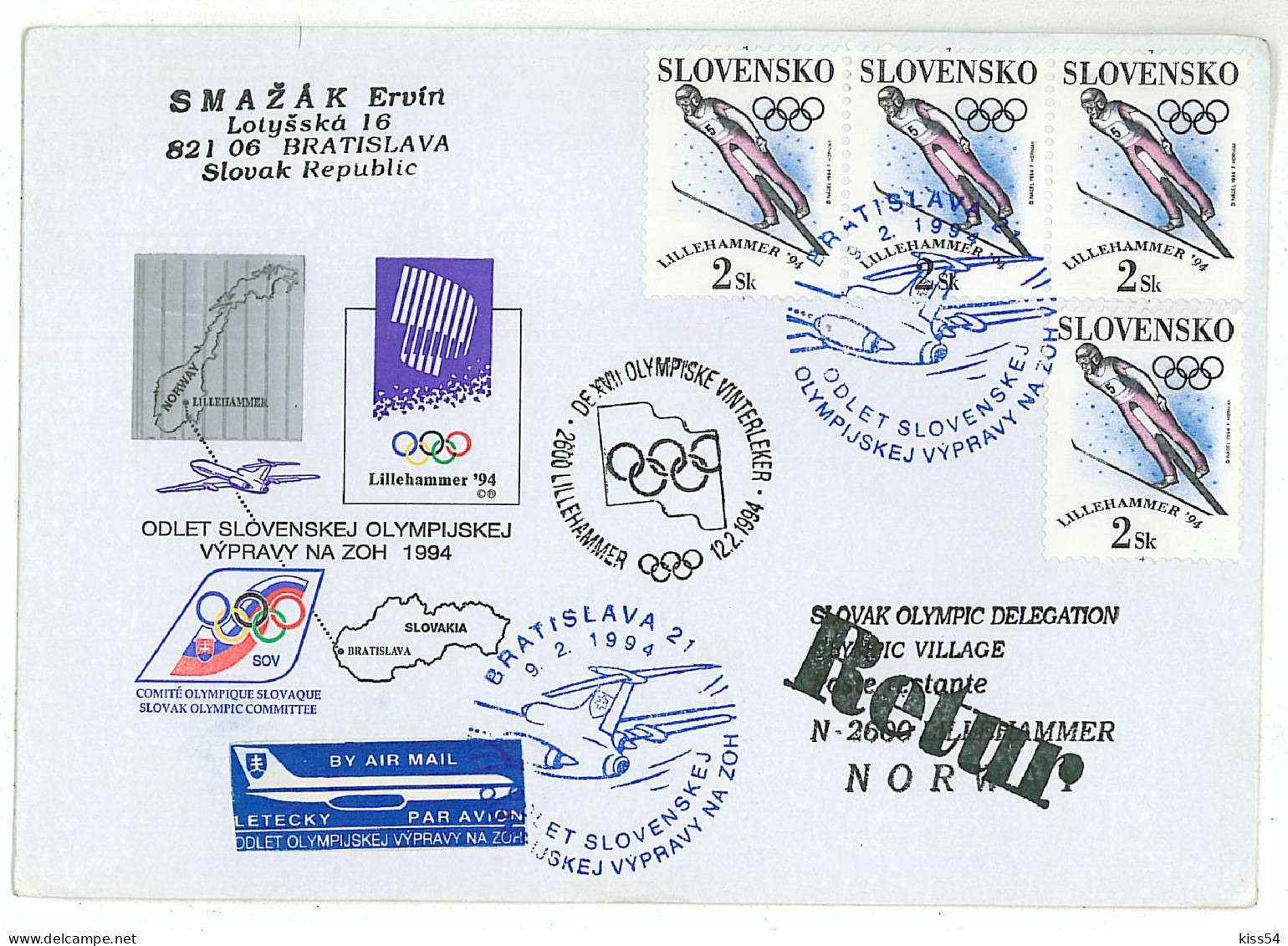 COV 85 - 54 Flight Olimpic Games AIRPLANE, Slovakia-Norway, Bratislava-Lillehammer - Cover - 1994 - Inverno1994: Lillehammer