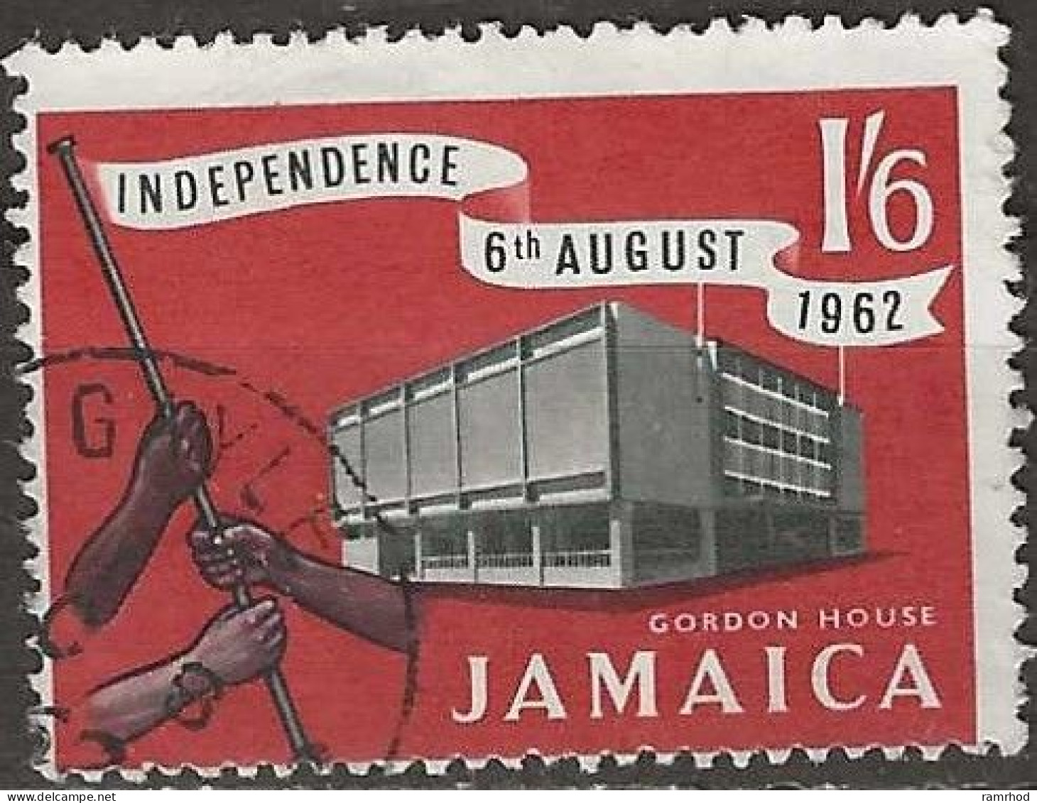 JAMAICA 1962 Independence - 1s.6d. Gordon House And Banner FU - Jamaica (1962-...)