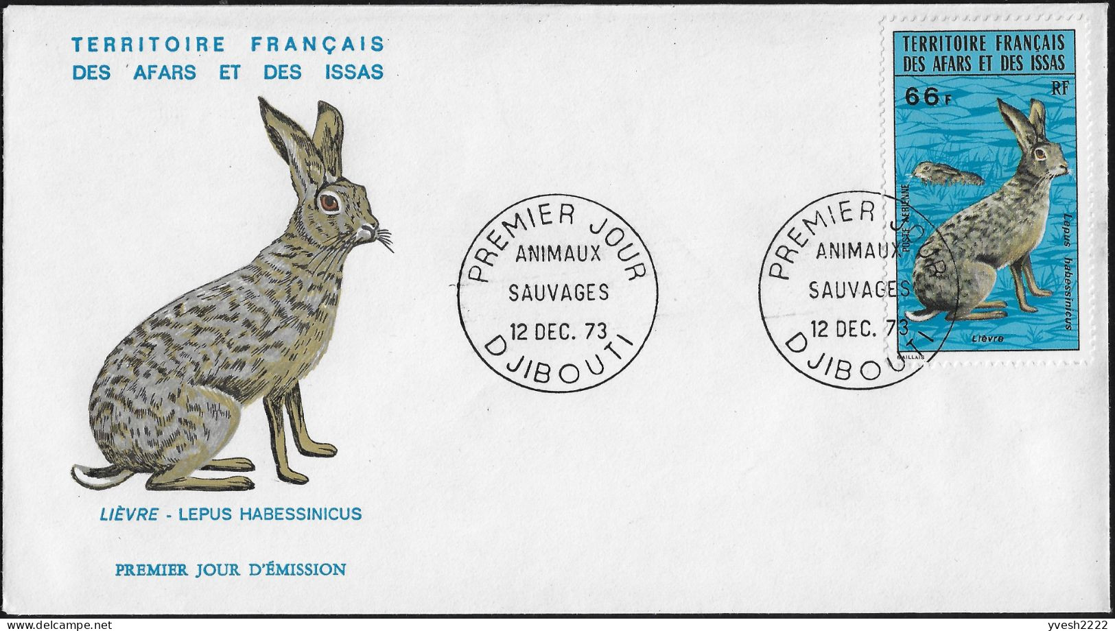 Afars Et Issas 1973 Y&T PA 96 Sur FDC. Animaux Sauvages. Lièvre - Conejos