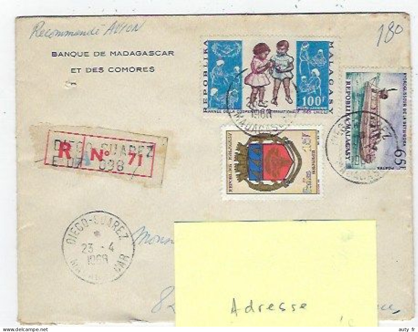 Lettre Recommandée De La Banque De Madagascar Et Des Comores Pour Caussade 1968 - Madagascar (1960-...)