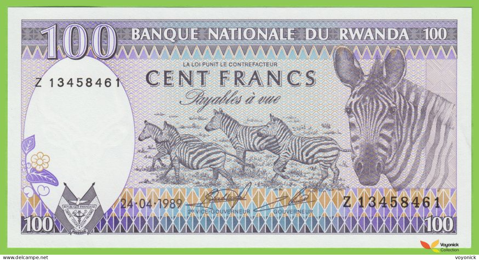 Voyo RWANDA 100 Francs 1989 P19 B119a Z UNC - Rwanda