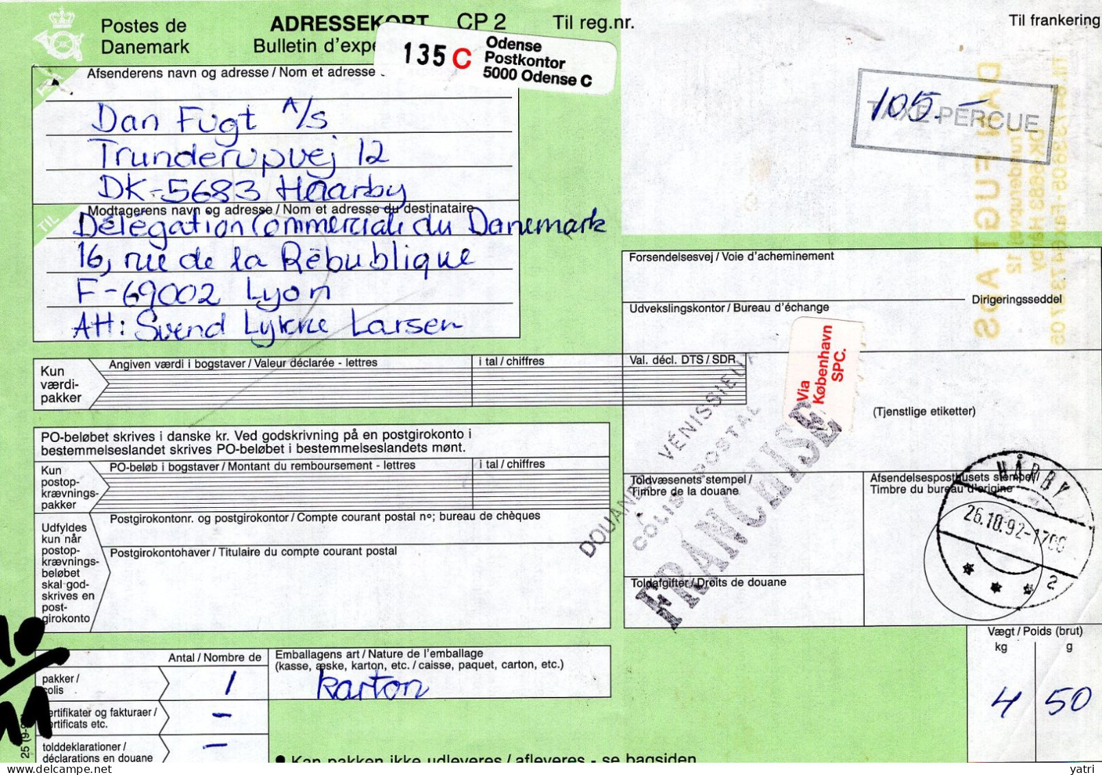 Danimarca (1992) - Bollettino Pacchi Per La Francia - Lettres & Documents