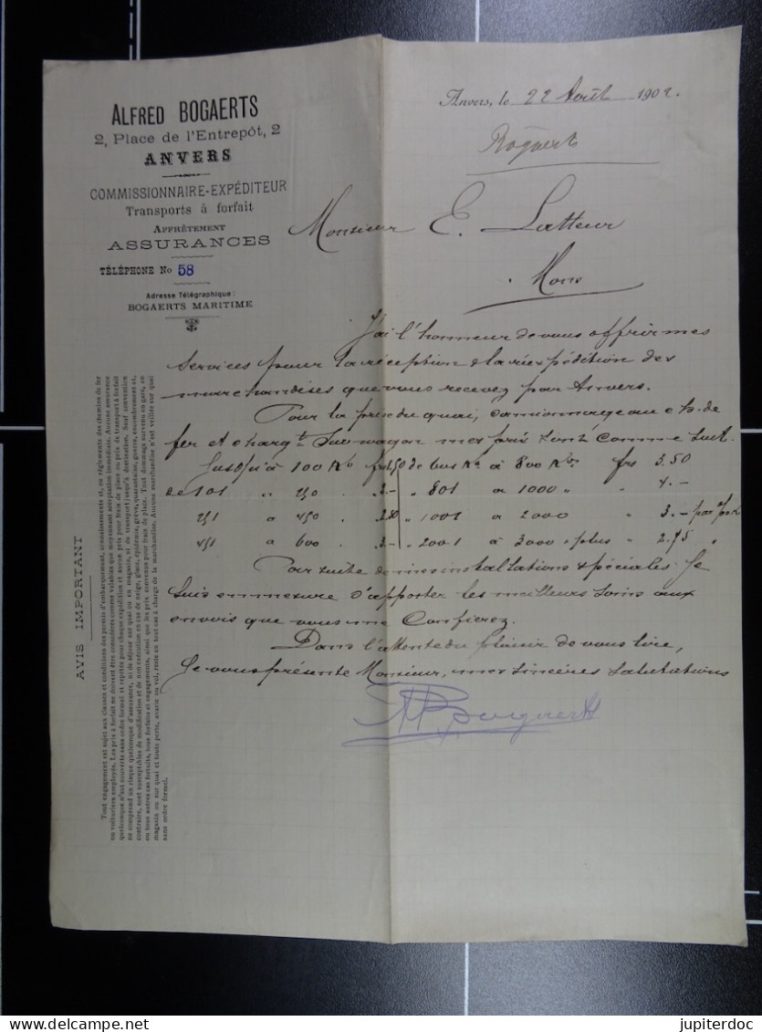 Alfred Bogaerts Commionnaire-Expéditeur Transports à Forfait Anvers  1902  /22/ - Trasporti