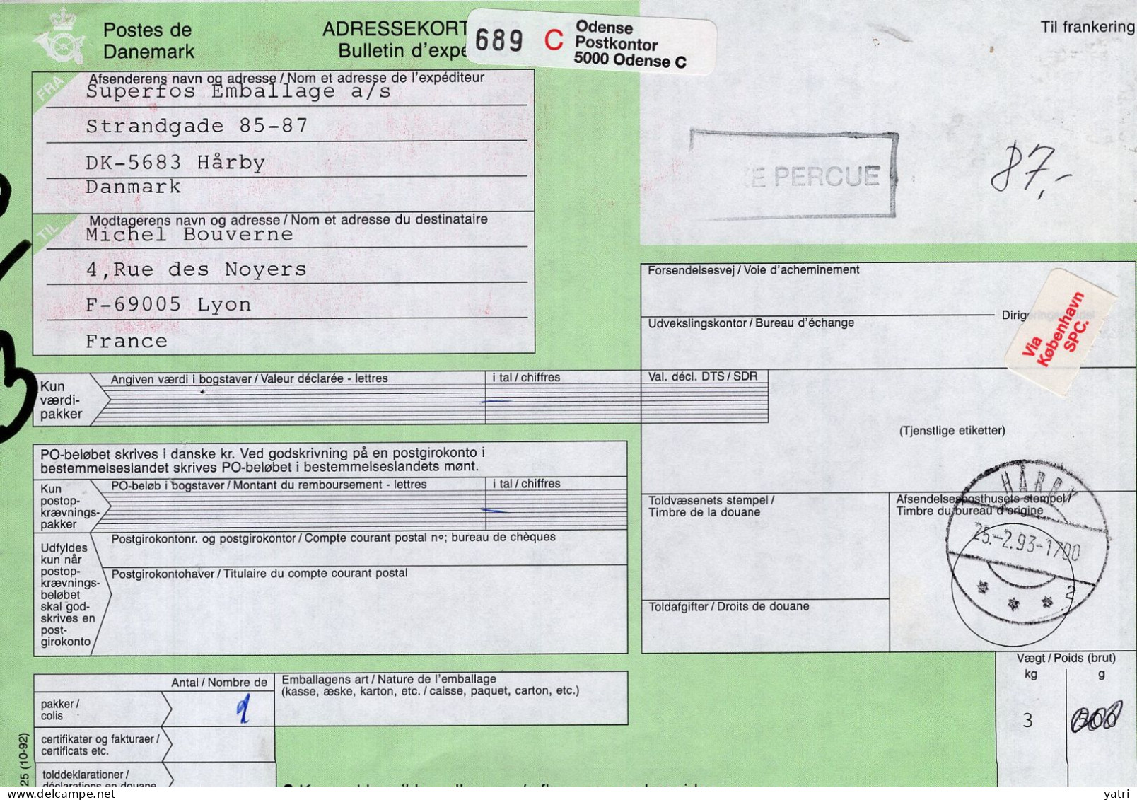 Danimarca (1993) - Bollettino Pacchi Per La Francia - Cartas & Documentos