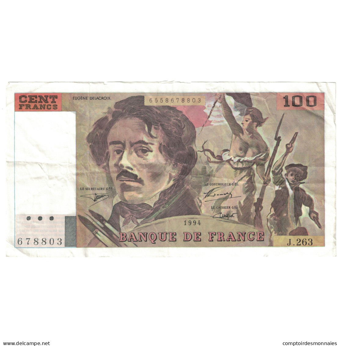 France, 100 Francs, Delacroix, 1994, TB, Fayette:69ter.01c, KM:154h - 100 F 1978-1995 ''Delacroix''
