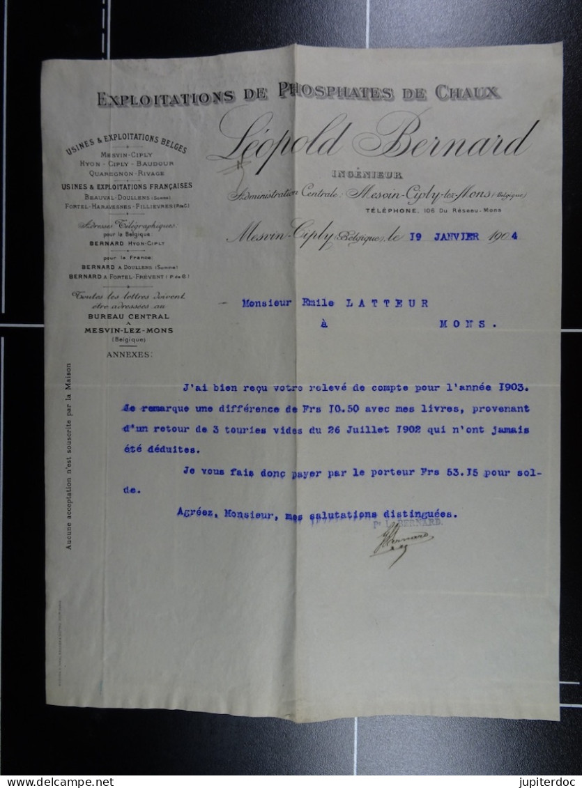 Exploitations De Phosphates De Vhaux Léopold Bernard Mesvin-Ciply 1904  /29/ - Drogerie & Parfümerie