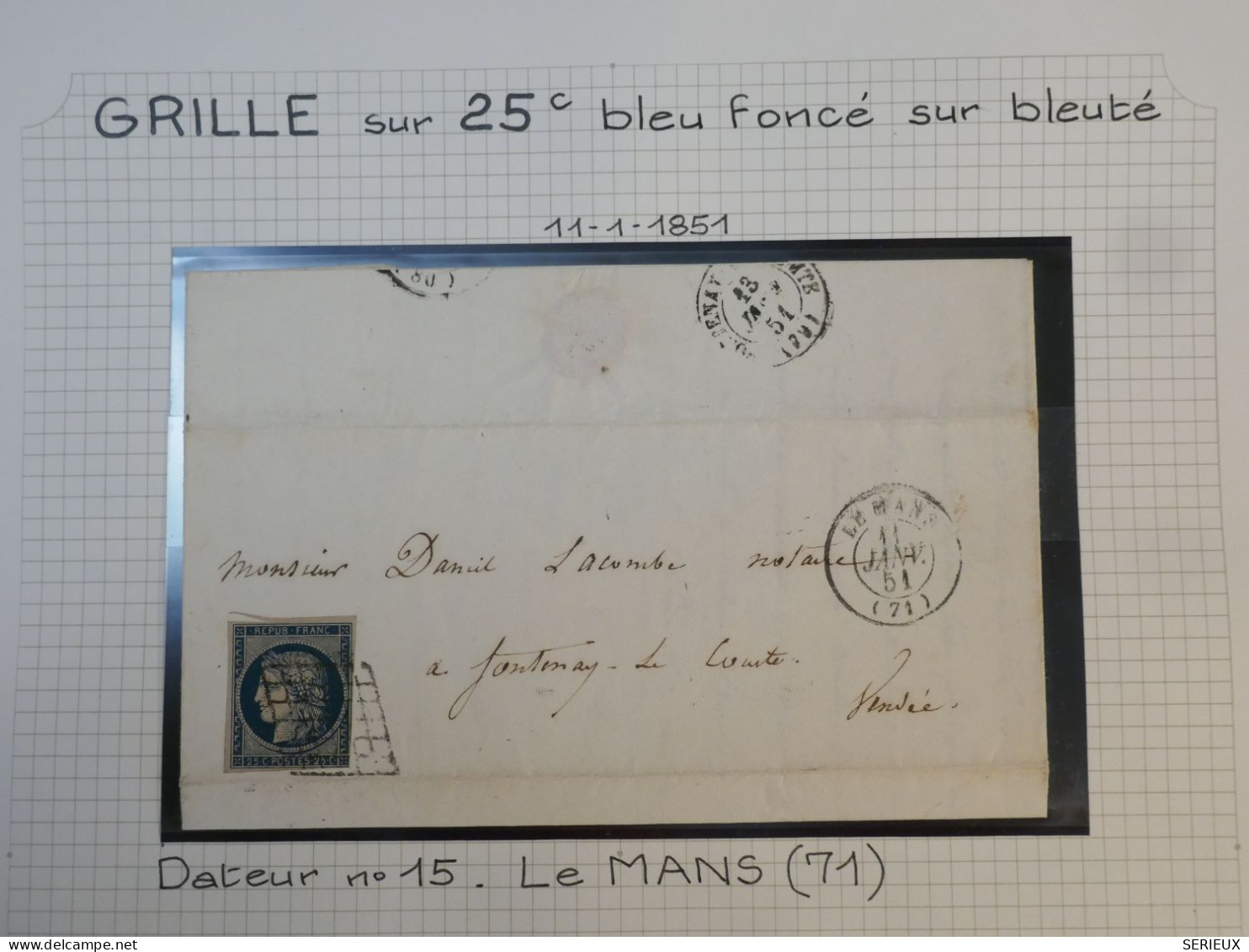 DK3 FRANCE BELLE  LETTRE   11.1. 1851 LE MANS A FONTENAY + N°4 FONCé + OB. GRILLE+VU BEHR.DISPERSION DE COLLECTION+ - 1849-1876: Classic Period