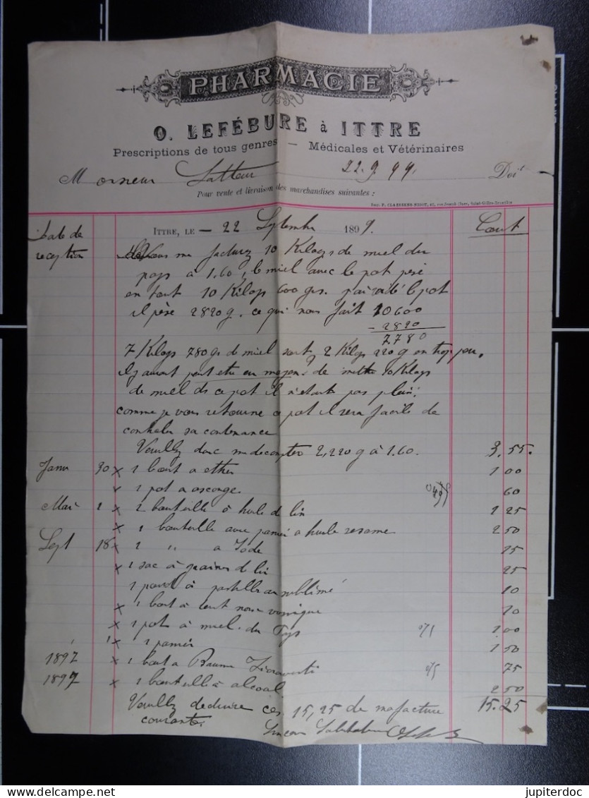 Pharmacie O. Lefébure à Ittre 1899   /36/ - Droguerie & Parfumerie