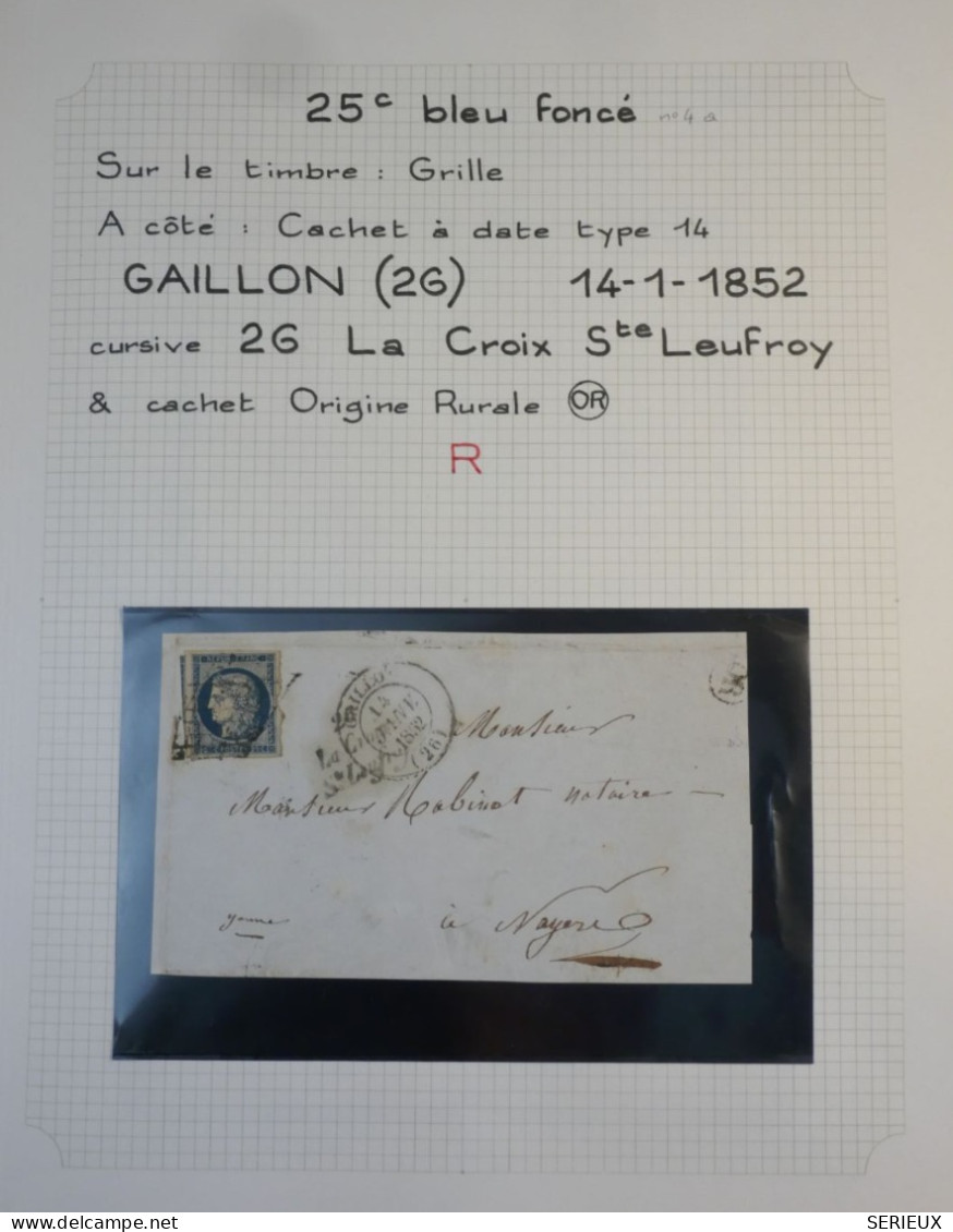 DK3 FRANCE LETTRE  DEVANT CURSIVE RARE 14 1.1852 GAILLON +STE LEUFROY  + N°4 FONCé VOISIN+VU BEHR.DISPERSION.COLLECTION+ - 1849-1876: Classic Period