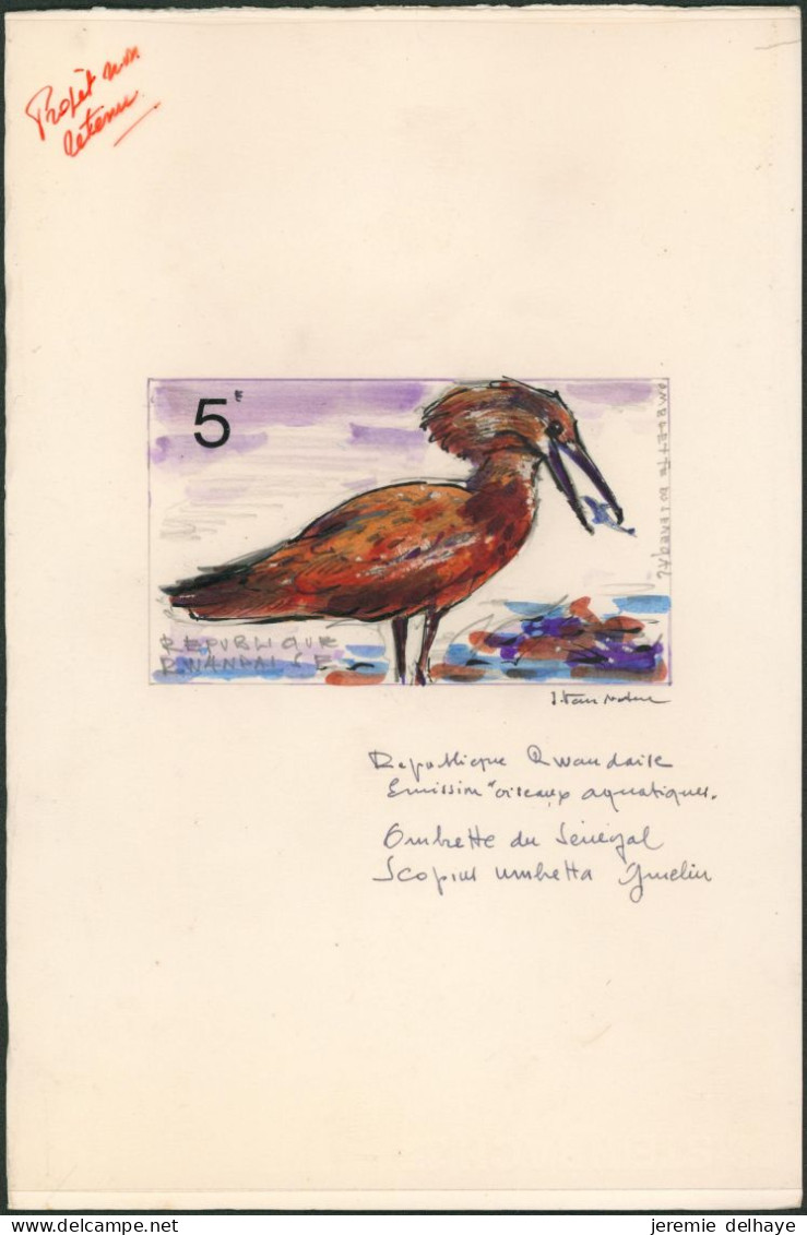 Projet Non Retenu Réalisé Par J. Van Noten Sur Les Oiseaux Aquatiques (République Rwandaise, 1975) 5F Signé + Couleurs - Sonstige & Ohne Zuordnung