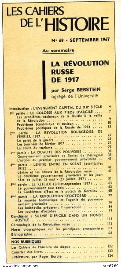 LES CAHIERS DE L HISTOIRE 1967 N° 69 La Révolution Russe De 1917 - Geschiedenis