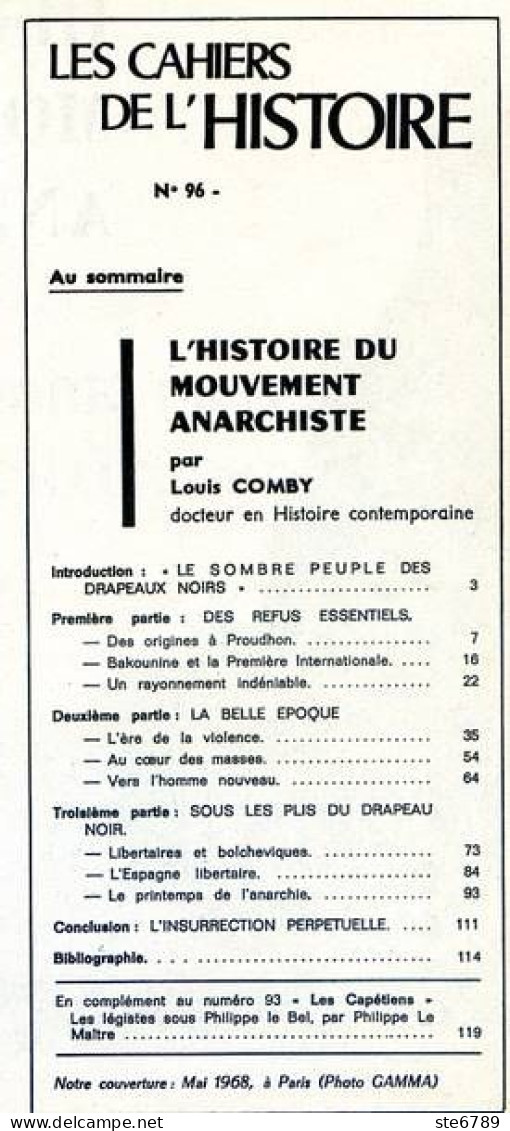 LES CAHIERS DE L HISTOIRE 1973 N° 96 Histoire Du Mouvement Anarchique - History