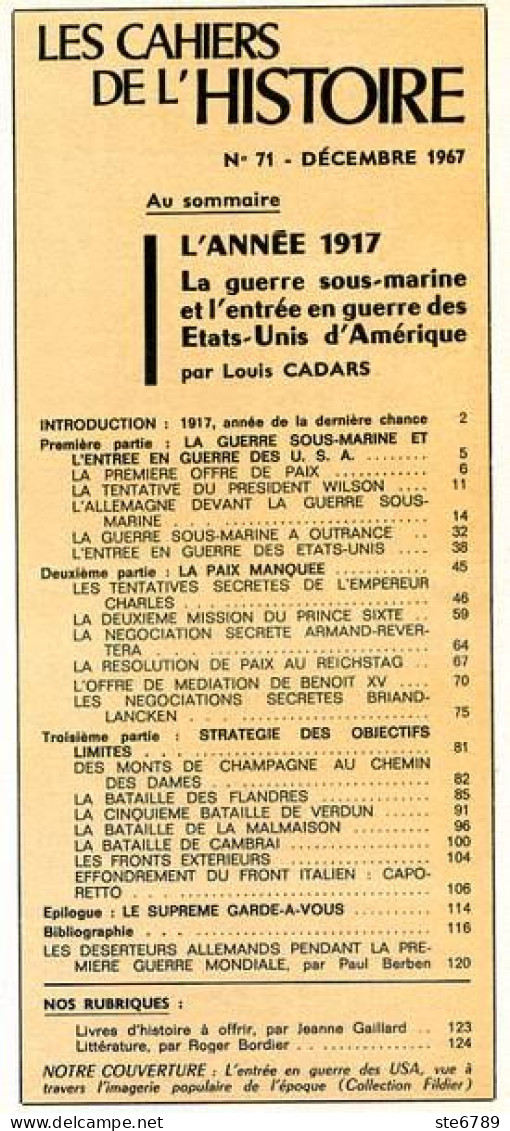 LES CAHIERS DE L HISTOIRE 1967 N° 71 ANNEE 1917 Guerre Sous Marine , Entree Guerre USA - Storia
