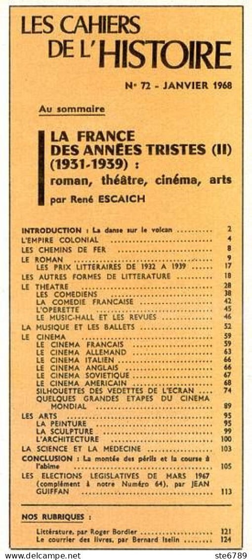 LES CAHIERS DE L HISTOIRE 1968 N° 72 La France Des Années Tristes 1931 1939 Roman Théatre Cinéma Arts - Storia