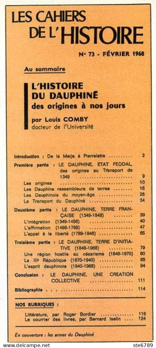 LES CAHIERS DE L HISTOIRE 1968 N° 73 Histoire Du Dauphiné Des Origines à Nos Jours - History